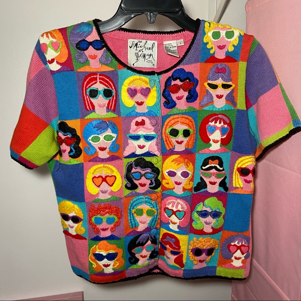 Michael Simon Sweater Top Vintage Woman Face with Sunglasses Colorful Sz Small